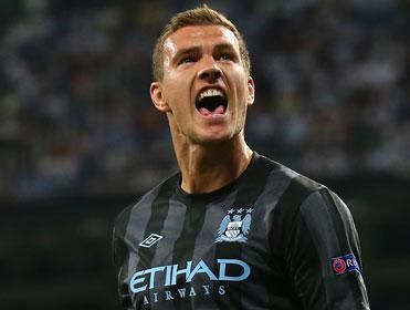 Edin Dzeko scored twice for Man City in their win at Everton