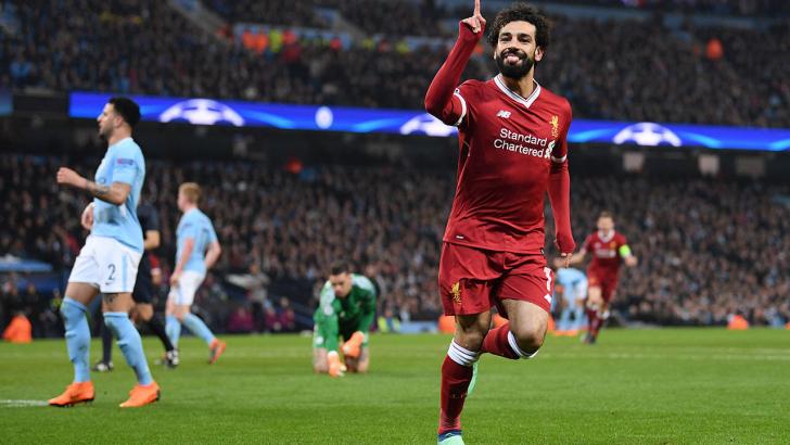 Liverpool striker Mo Salah celebrates scoring against Man City