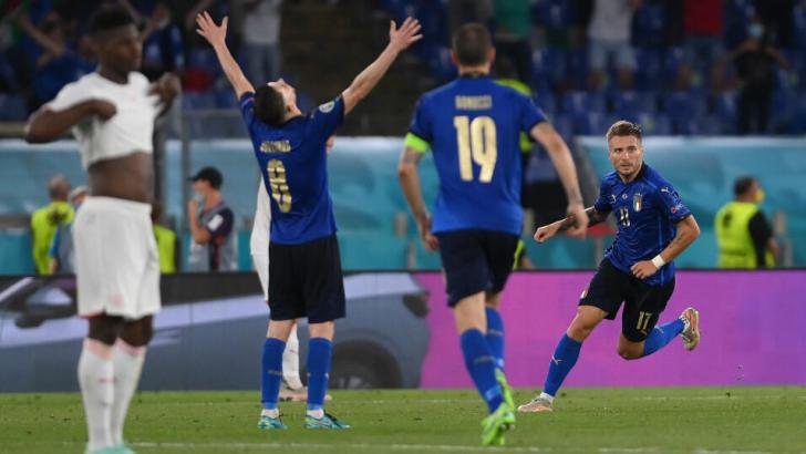 Ciro Immobile, Jorginho and Lorenzo Bonucci celebrate for Italy against Switzerland