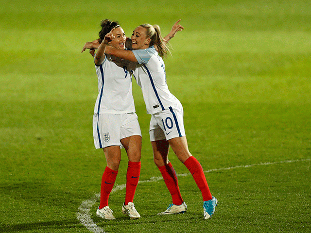 Jodie Taylor (right) enjoyed a hat-trick in the first fixture and is a Golden Boot candidate 