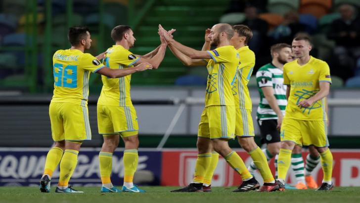 Astana players celebrating scoring in the Europa League