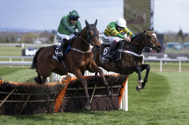 El Fabiolo and Jonbon jumping a hurdle at Aintree.