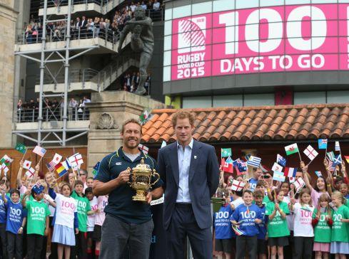 Jonny Wilkinson and Prince Harry paraded the World Cup trophy at Twickenham with 100 days until the start of the tournament