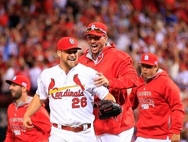 The St Louis Cardinals celebrate after knocking off the Los Angeles Dodgers